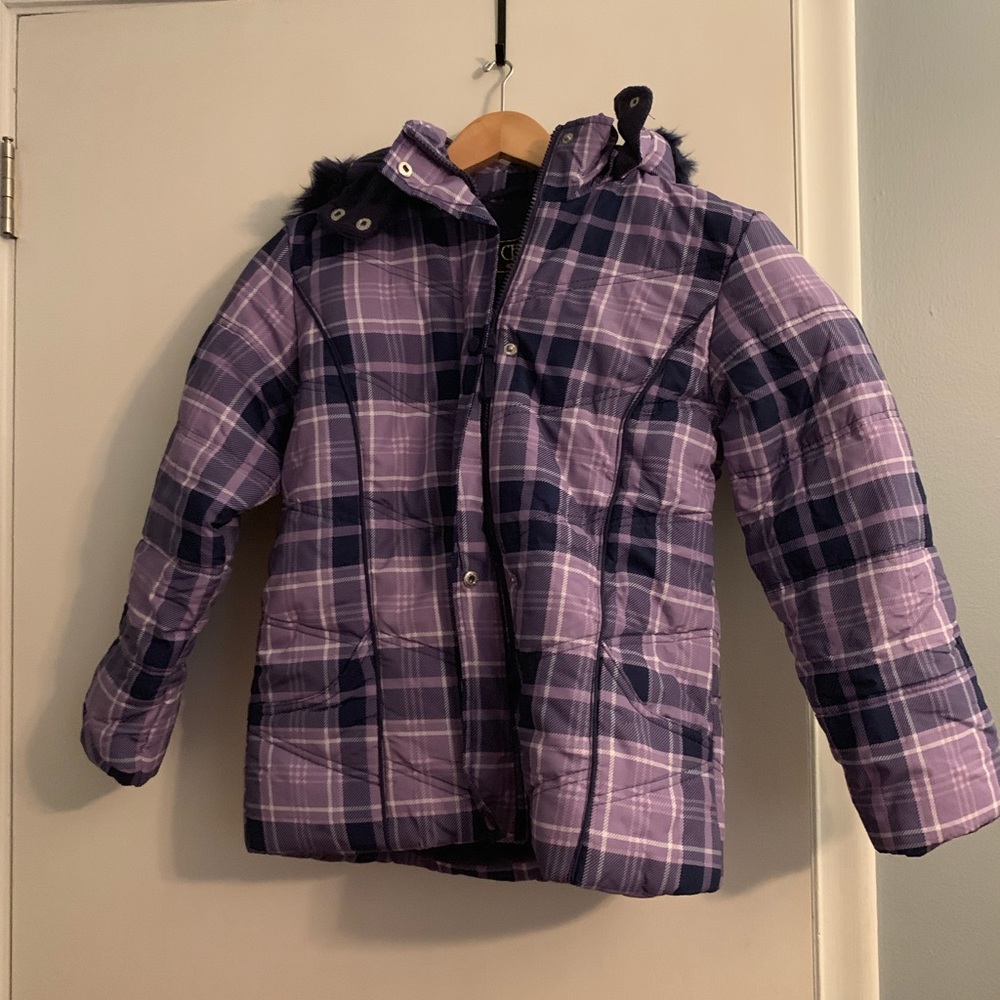 Purple plaid winter puffer coat